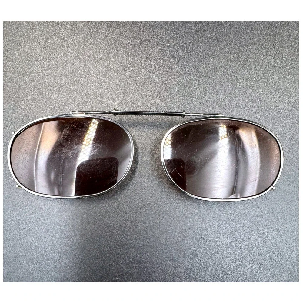 Vintage Oval Clip On Sunglasses Silver Metal Frame Brown Tinted Lenses Retro